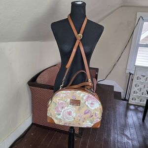Patricia Nash Floral Tapestry Dome Satchel Crossbody Bag Leather Trim Rose Print
